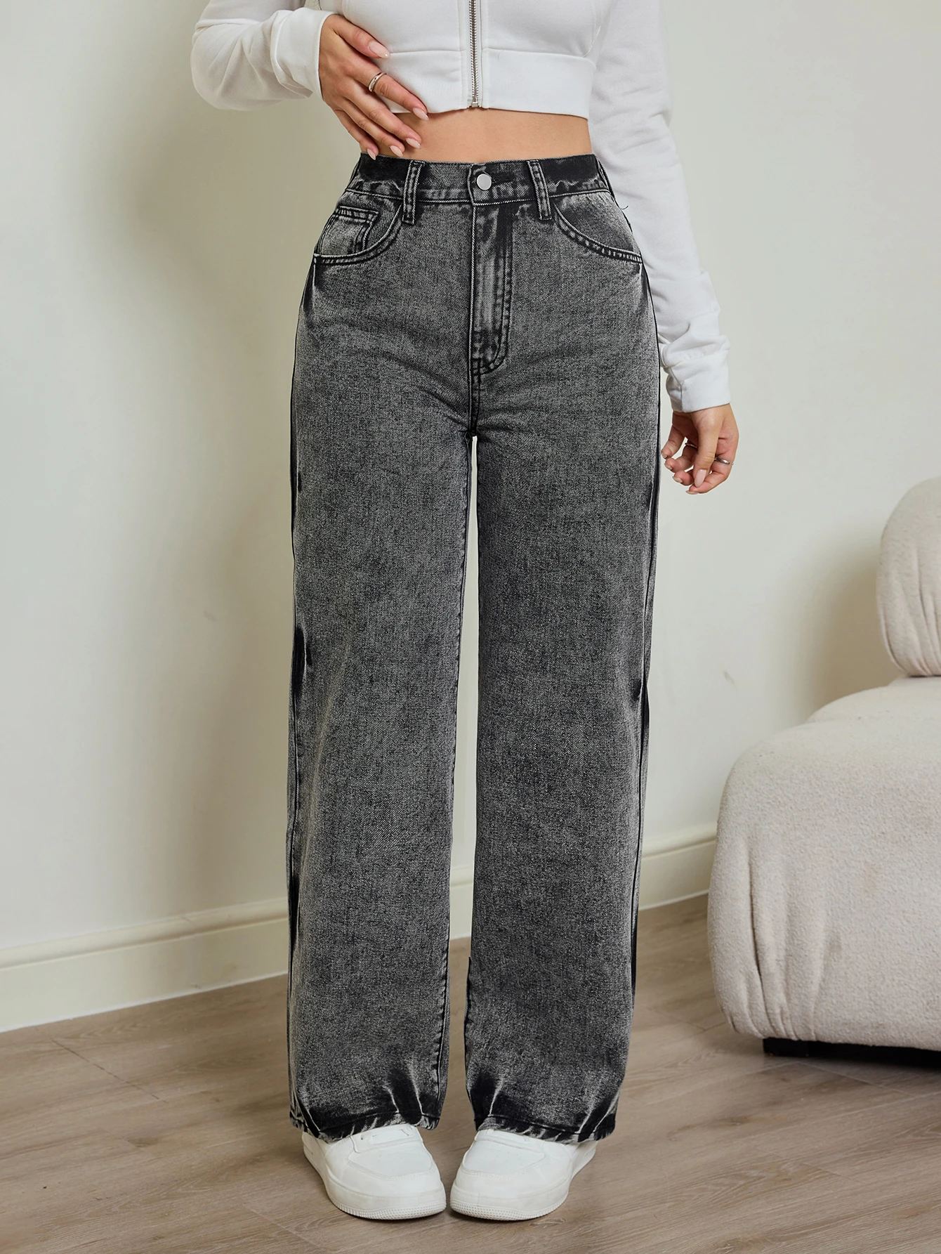 kf-S20a72a57601b43ea86340708f6be53604 2025 autumn new women's jeans, tie-dye contrast washing, elastic waist, high waist straight jeans - Image 1