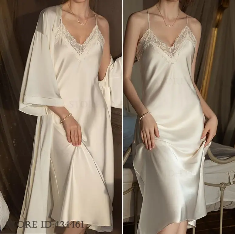 kf-S3145bab5e0b24453b79503d4bc75b35fl Plus Size Long 2PCS Robe Nightgown Set Pajama Elegant Kimono Bathrobe Gown Sleepwear Summer Sexy Women's Homewear Loungewear - Image 1