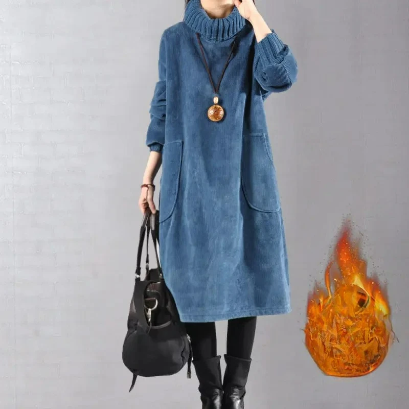 kf-S398efe04f30343e0af0fcb3f57f5885dJ Women Autumn Winter Dress New Retro Corduroy Vestidos Add Velvet High Neck Dress Mid-Length Loose Pullover Sweater Female 2025 - Image 1