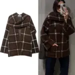 2025 New Women Fashion Plaid Knitted Cardigans Long Sleeve Scarf Collar Sweater Cardigan Autumn Winter New Style Knitwear Coat