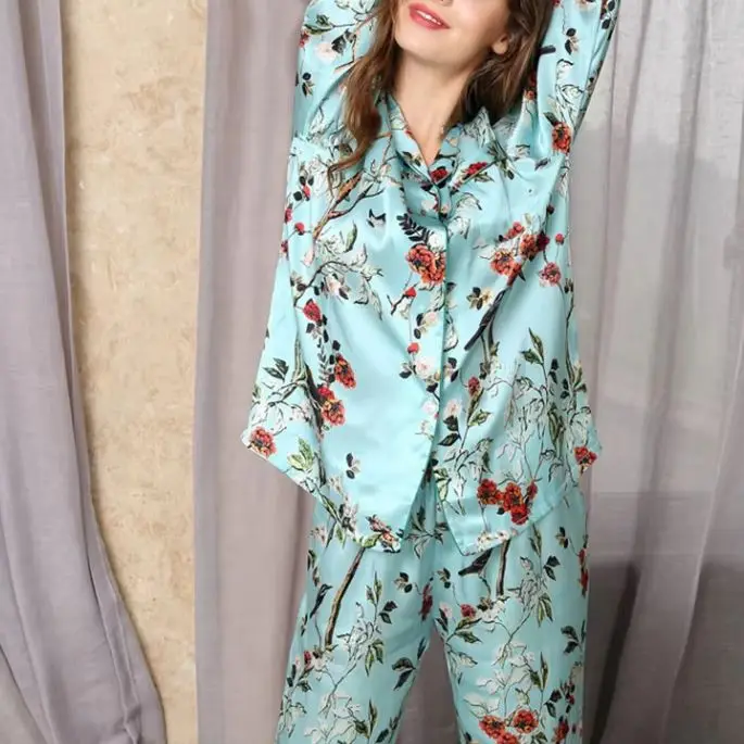 kf-S49976d3962d04c28852b6c74b41b2dd2g Real Silk Pajama 100% Silk Sleepwear Thin Summer Long-Sleeve Two-Piece SILK Woman's Sets Female Fashion Printed - Image 1