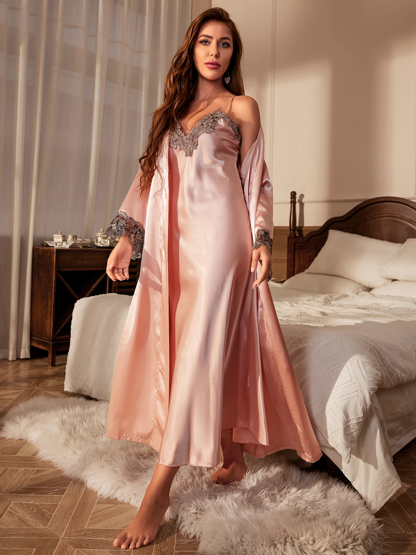 kf-S7d9d05f199f34203bc44bc67e491e88d0 Contrast Lace Pajama Set Long Sleeve Robe With Belt V Neck Slip Dress Women's Sleepwear Loungewear - Image 1