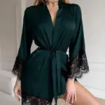 Women's Sexy Night Gown Robe V-Neck Satin Lace Bathrobe Half Sleeve Nightdress Female French Sexy Silky Satin Sleepwear