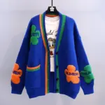 Blue Acrylic Knit V-Neck Letter Flower Casual Women's Cardigan Sweater Single Breasted Cardigan For Women Clothing Thick Winter