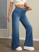 Women's high-rise wide-leg jeans with tummy tuck, slim fit, made from stretch denim fabric, are stylish for casual everyday wear - Image 3
