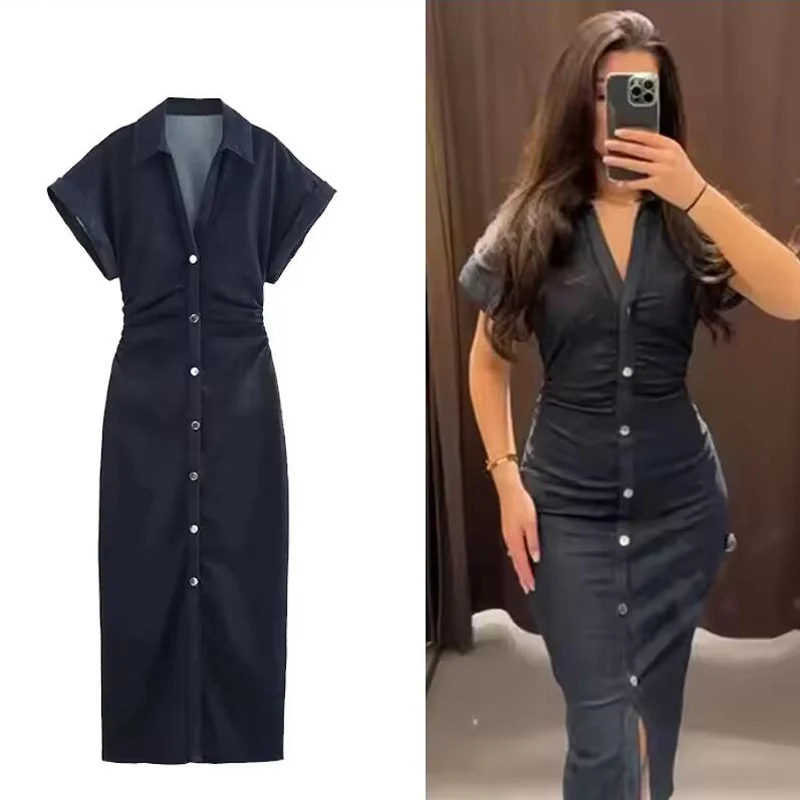 kf-Sec0bb1b03cc0468485d3955d3d83a790z Denim Dress Women's Spring Summer Casual Long Dresses For Women 2026 New Fashion Ruched Short Sleeve Streetwear Midi Dress - Image 1