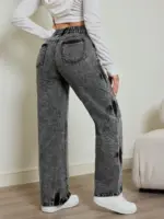 2025 autumn new women's jeans, tie-dye contrast washing, elastic waist, high waist straight jeans - Image 2